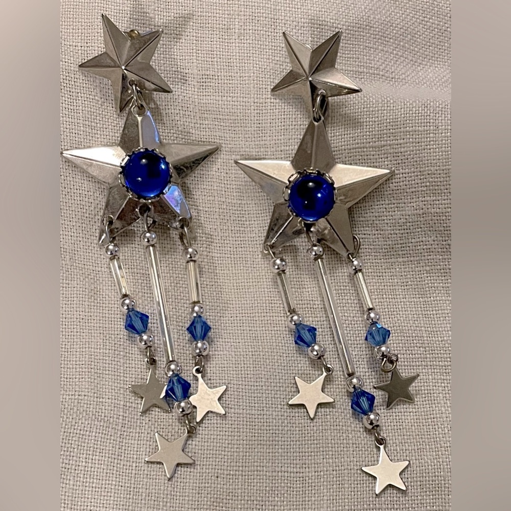 Vintage 1980’s costume stars beaded crystal & cabochon dangle pierced earrings